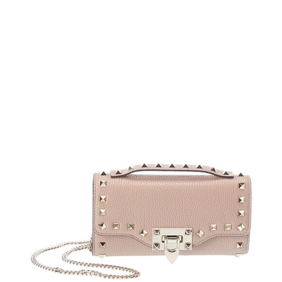 Valentino Rockstud Grainy Leather Wallet On Chain Beige